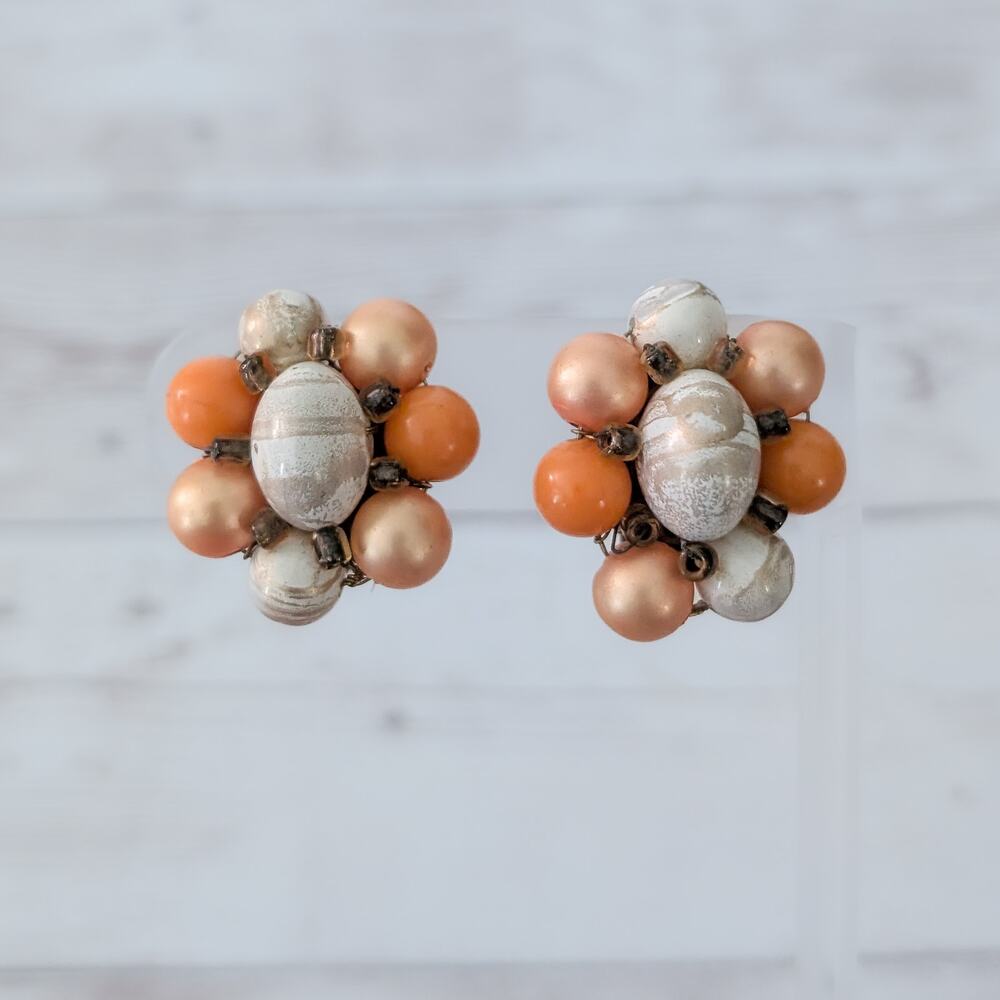 Vintage Clip On Earrings Orange Tones Cluster - Fair Condition